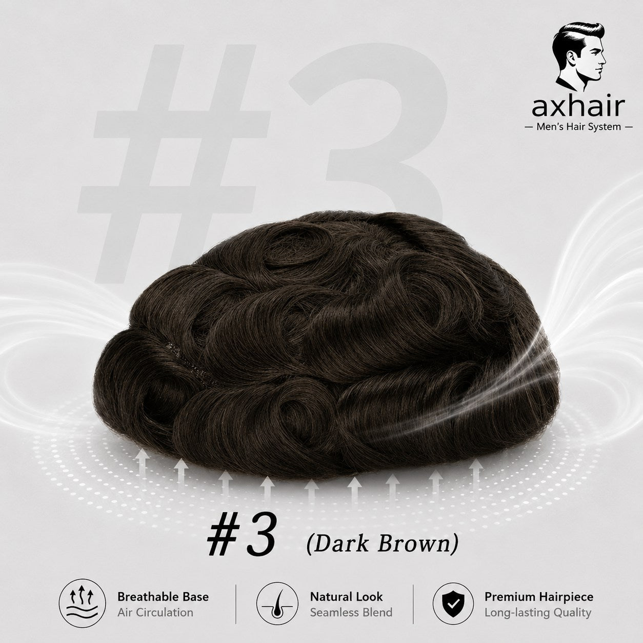 Full toupee with dark brown waves, #3, rounded top